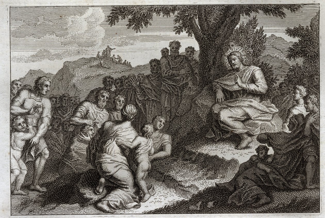 Royaumont-Bibel, Neues Testament: Bergpredigt. Jesus Christus wählt zwölf Apostel aus seinen Jüngern und hält vor ihnen und vor einer großen Menge die Predigt, die gewöhnlich Bergpredigt genannt wird. Illustration von 1811. von Unknown artist