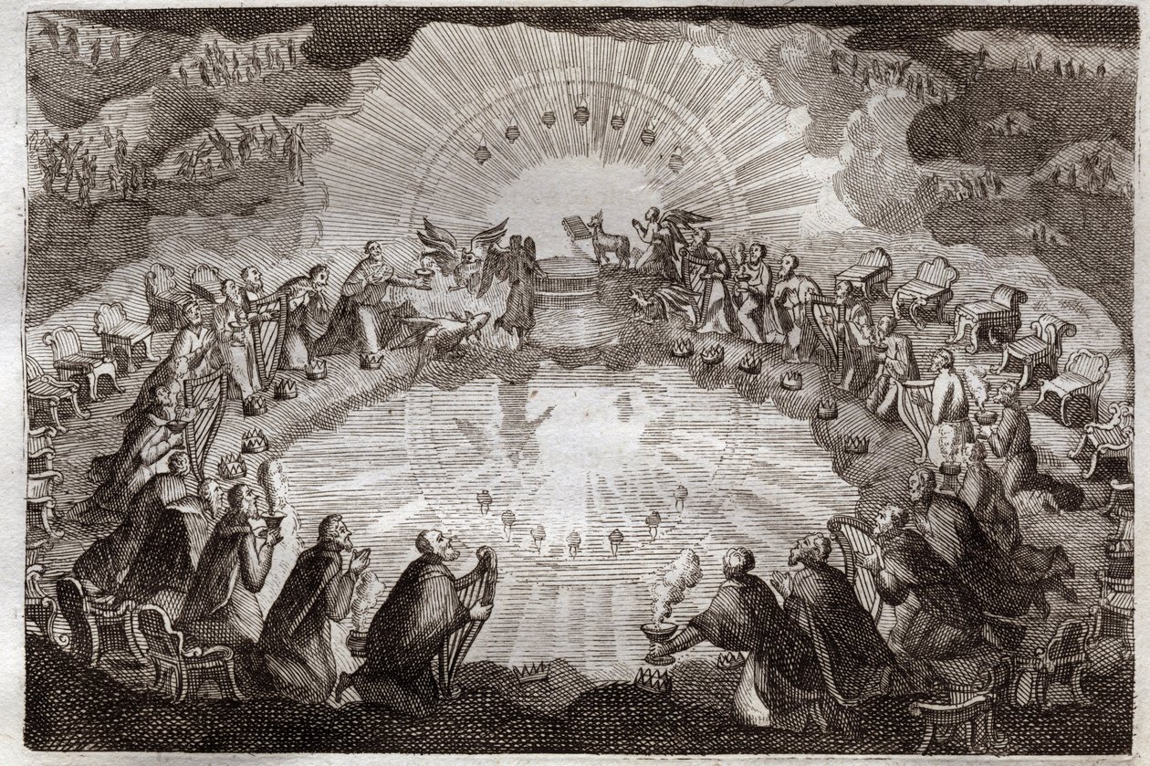 Royaumont-Bibel, Neues Testament: Sieben Siegel des Buches, geöffnet vom Lamm. Die vierundzwanzig Ältesten verneigen sich vor dem Thron, umgeben von einem Löwen, einem Ochsen, einem Menschen und einem Adler (Tetramorph) und sieben Lampen. Illustration von  von Unknown artist