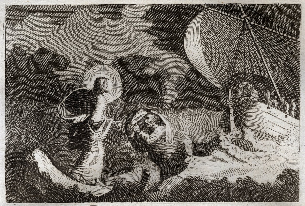 Royaumont-Bibel, Neues Testament: St. Peter geht auf dem Wasser. Jesus Christus geht auf dem Meer und lässt den heiligen Petrus darauf gehen. Illustration von 1811. von Unknown artist