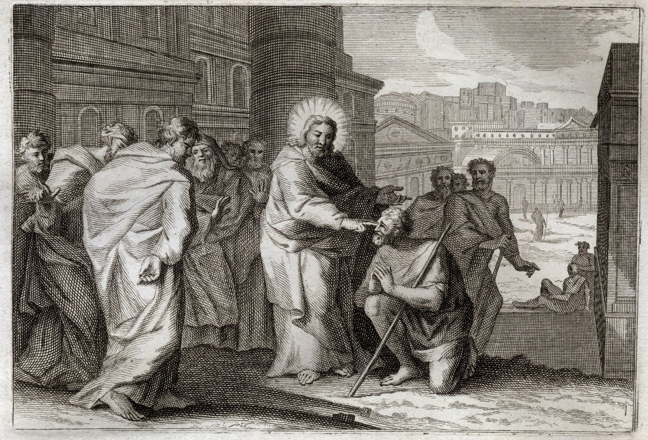 Royaumont-Bibel, Neues Testament: Der Blinde. Jesus Christus heilt den Blinden auf wundersame Weise. Illustration von 1811. von Unknown artist