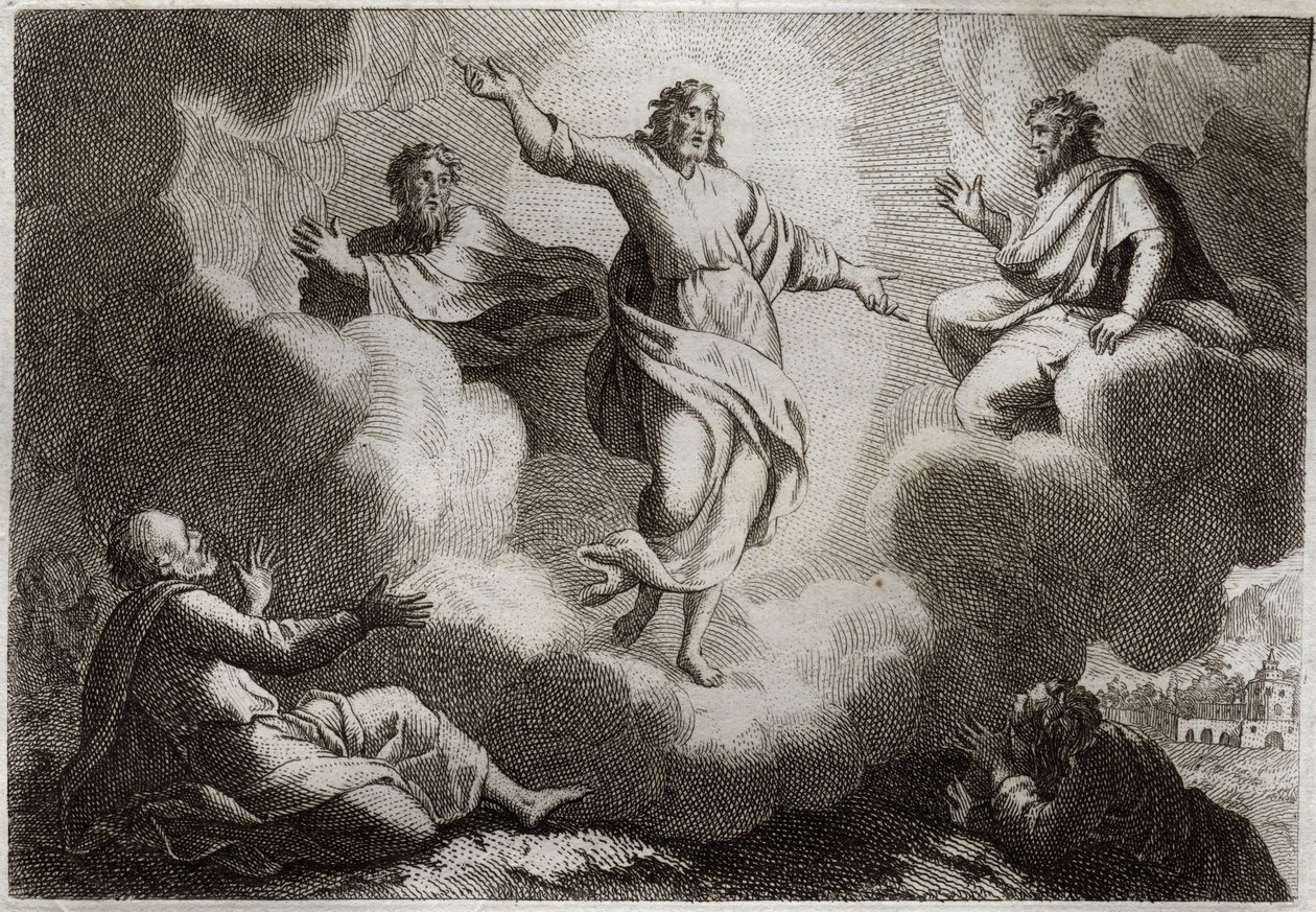 Royaumont-Bibel, Neues Testament: Die Verklärung Jesu Christi. Christus umgeben von Mose und Elia, darunter die Apostel Johannes, Petrus und Jakobus. Illustration von 1811. von Unknown artist