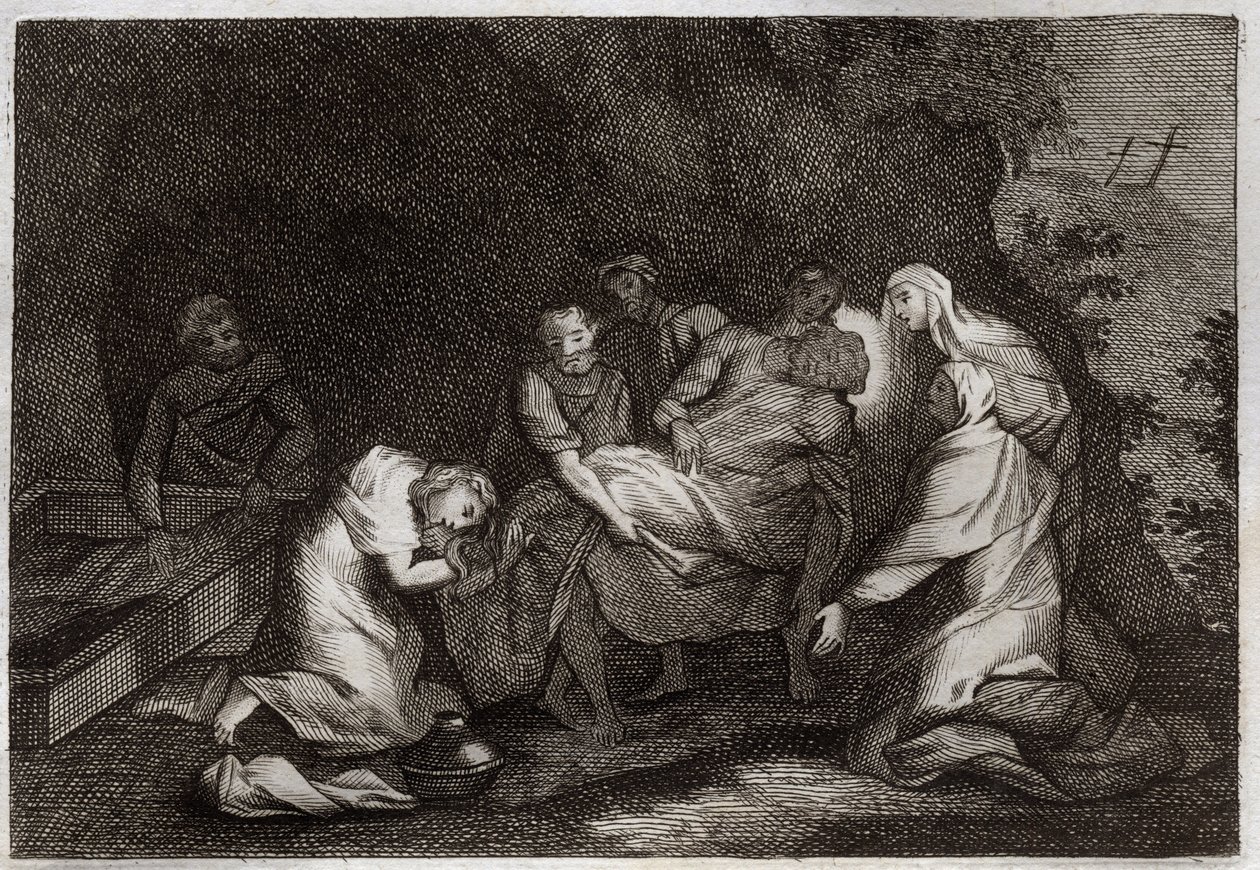 Royaumont-Bibel, Neues Testament: Grab. Grab Jesu Christi. Unter den Figuren, die den Körper Jesu Christi umgeben: die Jungfrau Maria, der heilige Nikodemus, der heilige Joseph von Arimathäa, der heilige Johannes der Evangelist und die heilige Maria Magdal von Unknown artist