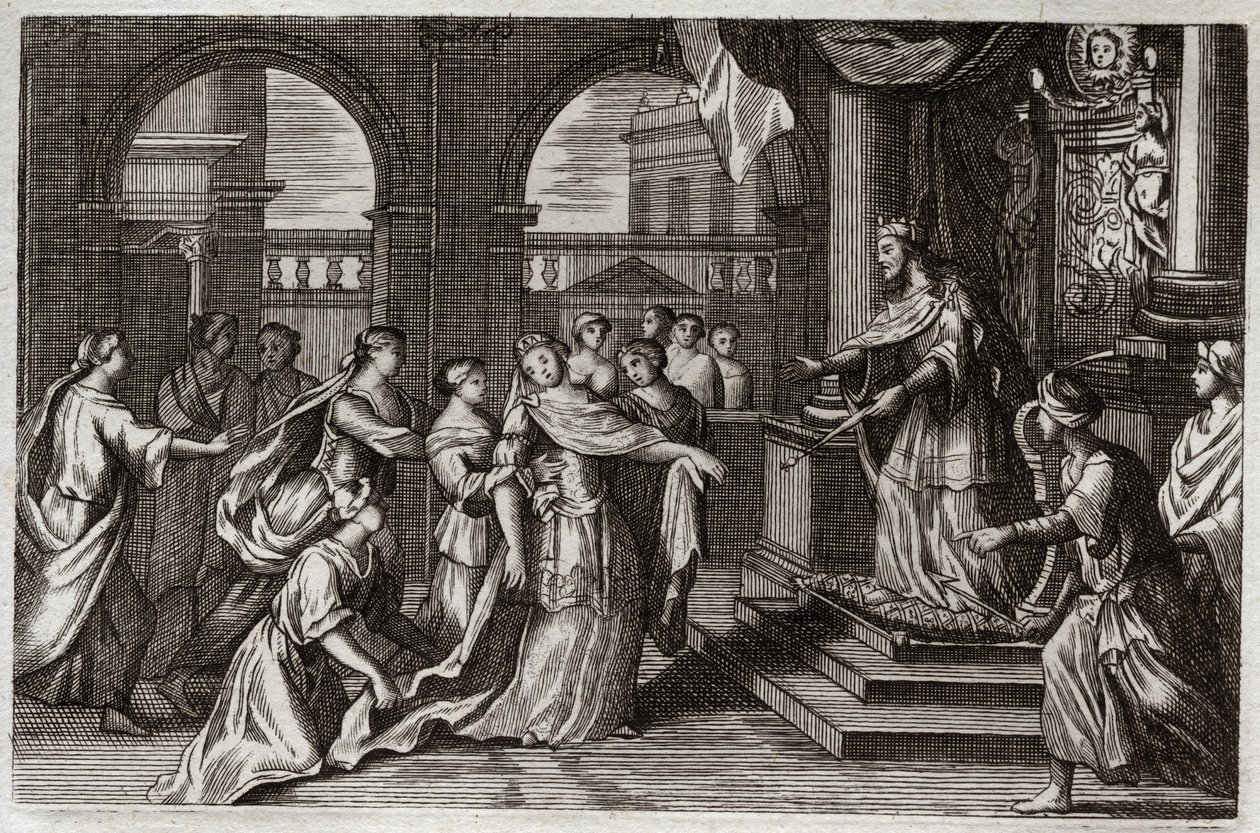 Royaumont-Bibel, Altes Testament: Esther stellt sich vor König Xerxes I (Assuerus I), um ihr Volk vor dem drohenden Tod zu retten. Illustration von 1811. von Unknown artist