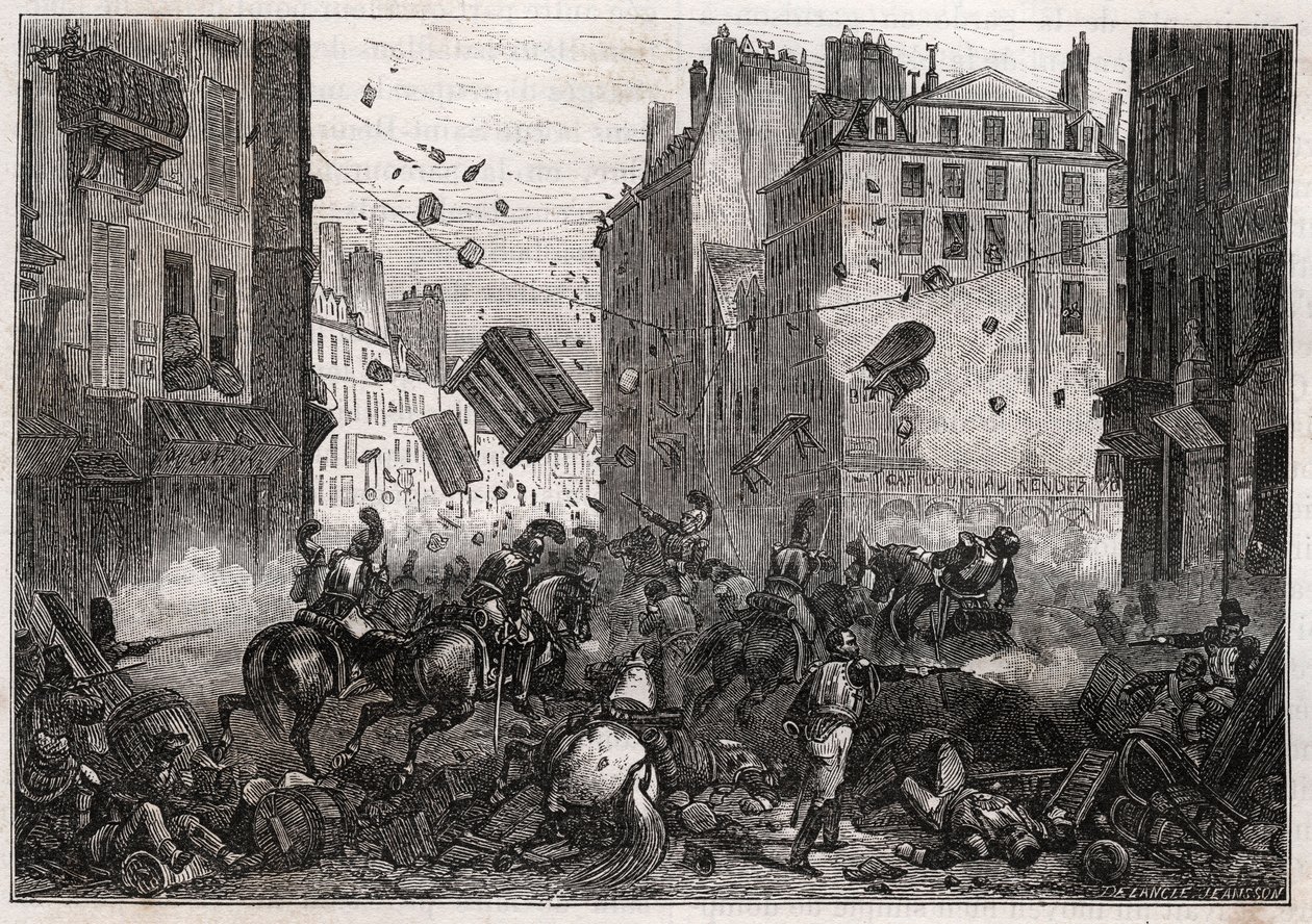 Rue Saint-Antoine während der Trois-Glorieuses (Juli 1830) - Revolution von 1830 Barrikadenkämpfe in der Rue Saint-Antoine (Saint Antoine) im Jahr 1830 von Unknown artist