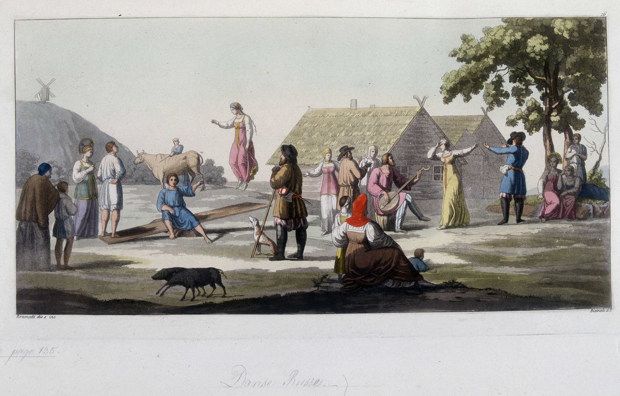 Russischer Tanz und Spiel. In „Das alte und moderne Kostüm“ 1819-1820, von Ferrario. von Unknown artist