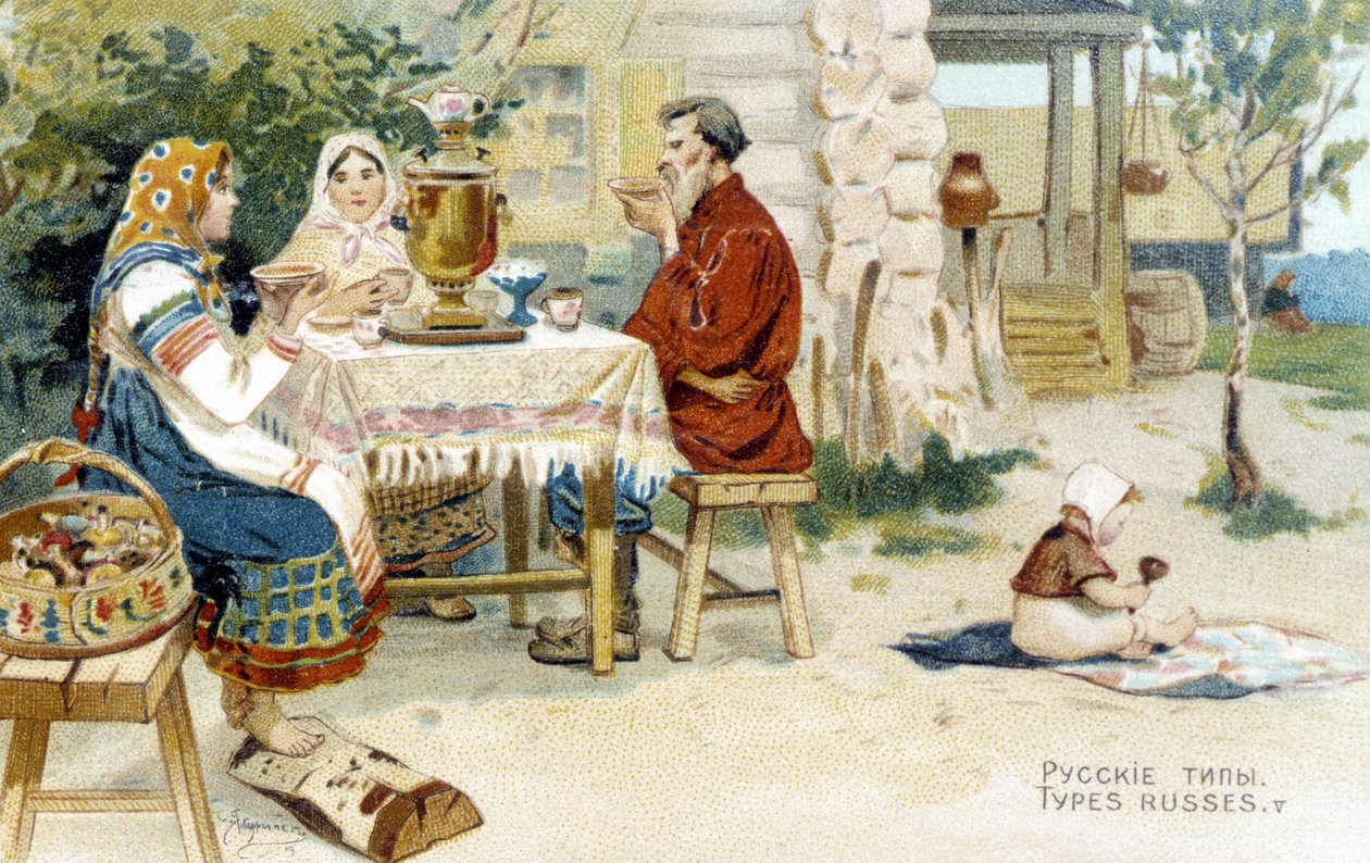 Russische Familie trinkt Tee um einen Samowar - Chromo von Unknown artist