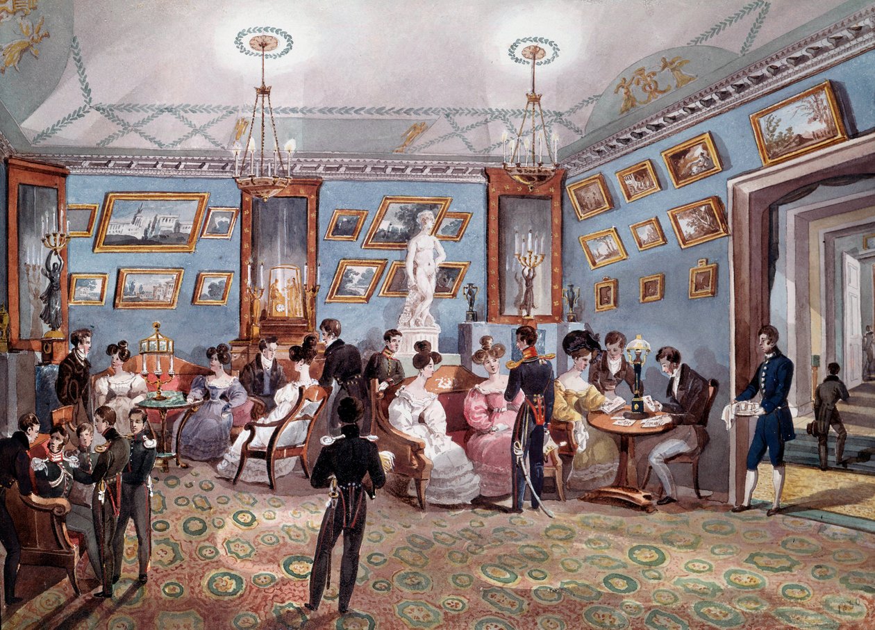 Russische Gesellschaft: Eine soziale Messe in Sankt Petersburg. Lithographie um 1830. Sankt Petersburg, Eremitage-Bibliothek von Unknown artist