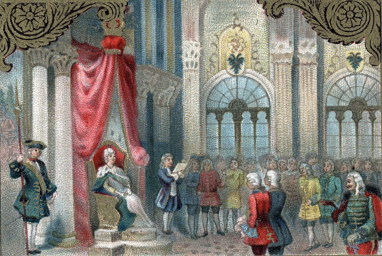Modernisierungspolitik Russlands: Katharina II. von Russland (1729-1796) verkündet die Neuordnung des Russischen Reiches. 1785 gab sie den Adligen des Reiches weit mehr Macht und Rechte. Späte Chromolithographie des 19. Jahrhunderts. von Unknown artist