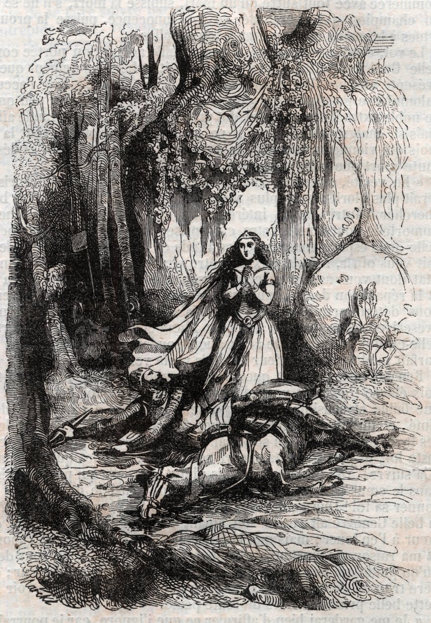 Sacripant wird in Anwesenheit von Angelica abgeworfen - Gravur von 1851 aus „Roland furieux“ (Orlando furioso) (16. Jahrhundert) von Ludovico Ariosto, bekannt als Ariosto - Ausgabe übersetzt aus dem Italienischen von Graf von Tressan und veröffentlicht von von Unknown artist
