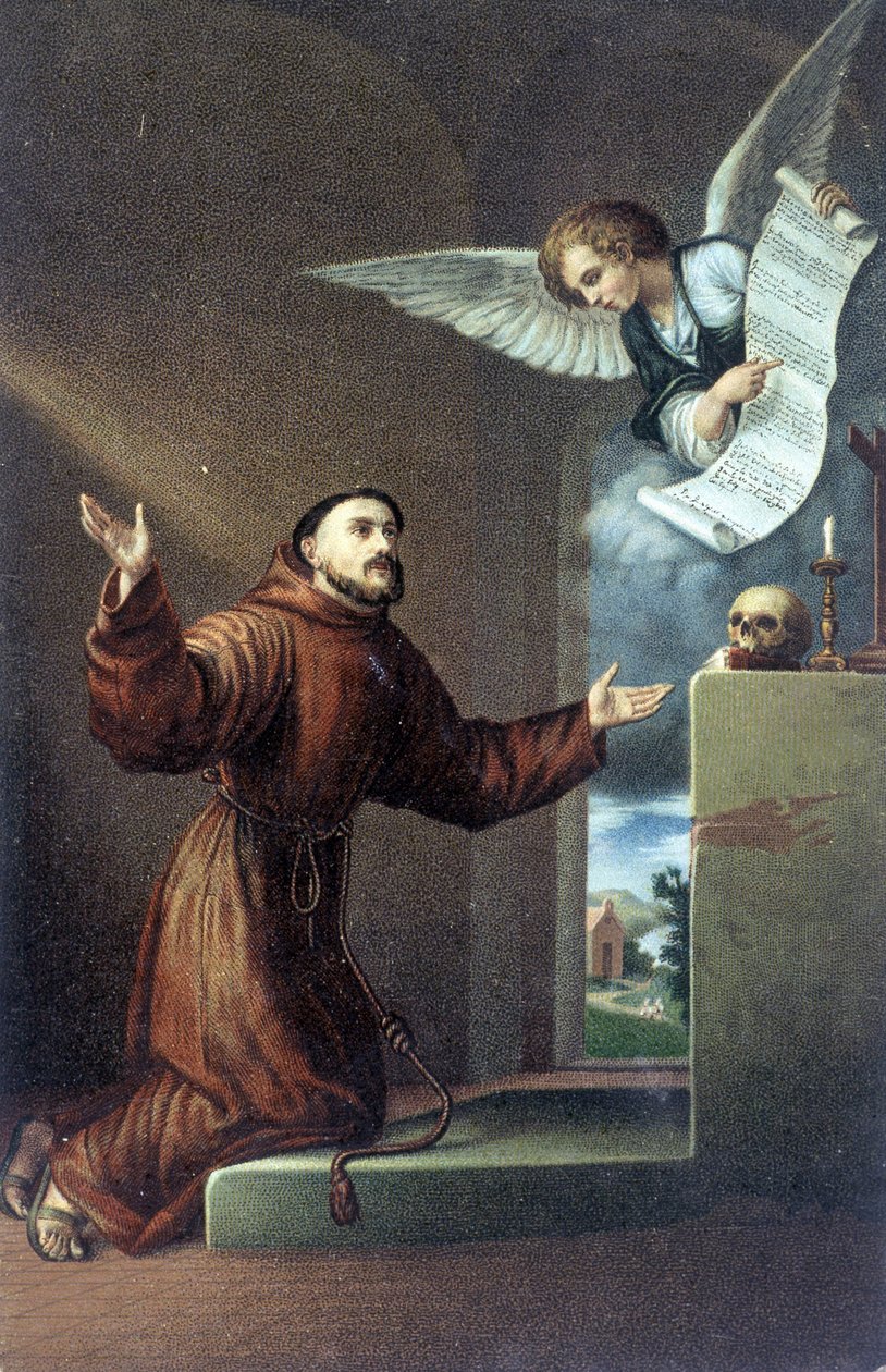 Heiliger Franz von Assisi (1181 oder 1182 - 1226) vor einem Engel, Chromolithographie des 19. Jahrhunderts von Unknown artist