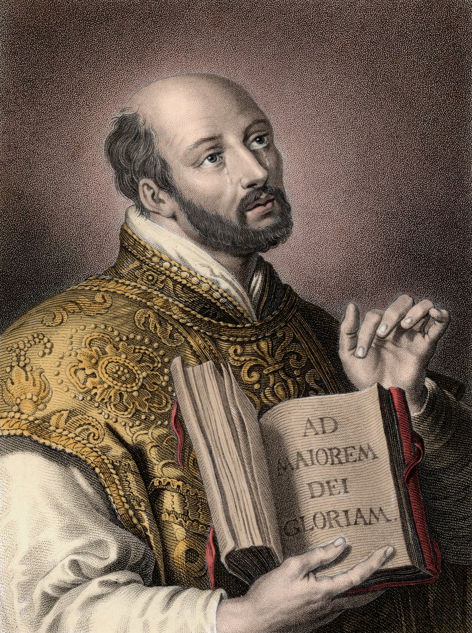 Heiliger Ignatius von Loyola, spanischer Theologe, hält ein Buch mit dem lateinischen Motto der Gesellschaft Jesu „Ad maiorem Dei gloriam“ - Porträt von Ignatius von Loyola von Unknown artist