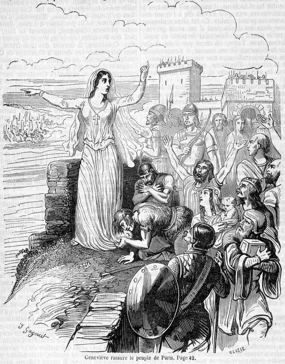 Sainte Geneviève organisiert die Verteidigung von Paris gegen die Horden von Attila und beruhigt die Pariser - in „Histoire de France“ von Anquetil von Unknown artist