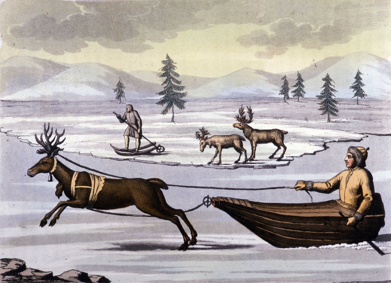 Sami: indigene Völker, die in den nördlichen Ländern (Norwegen, Finnland, Schweden und Russland) leben, bewegen sich mit Rentierschlitten oder Skiern. Gravur aus dem 19. Jahrhundert von Unknown artist