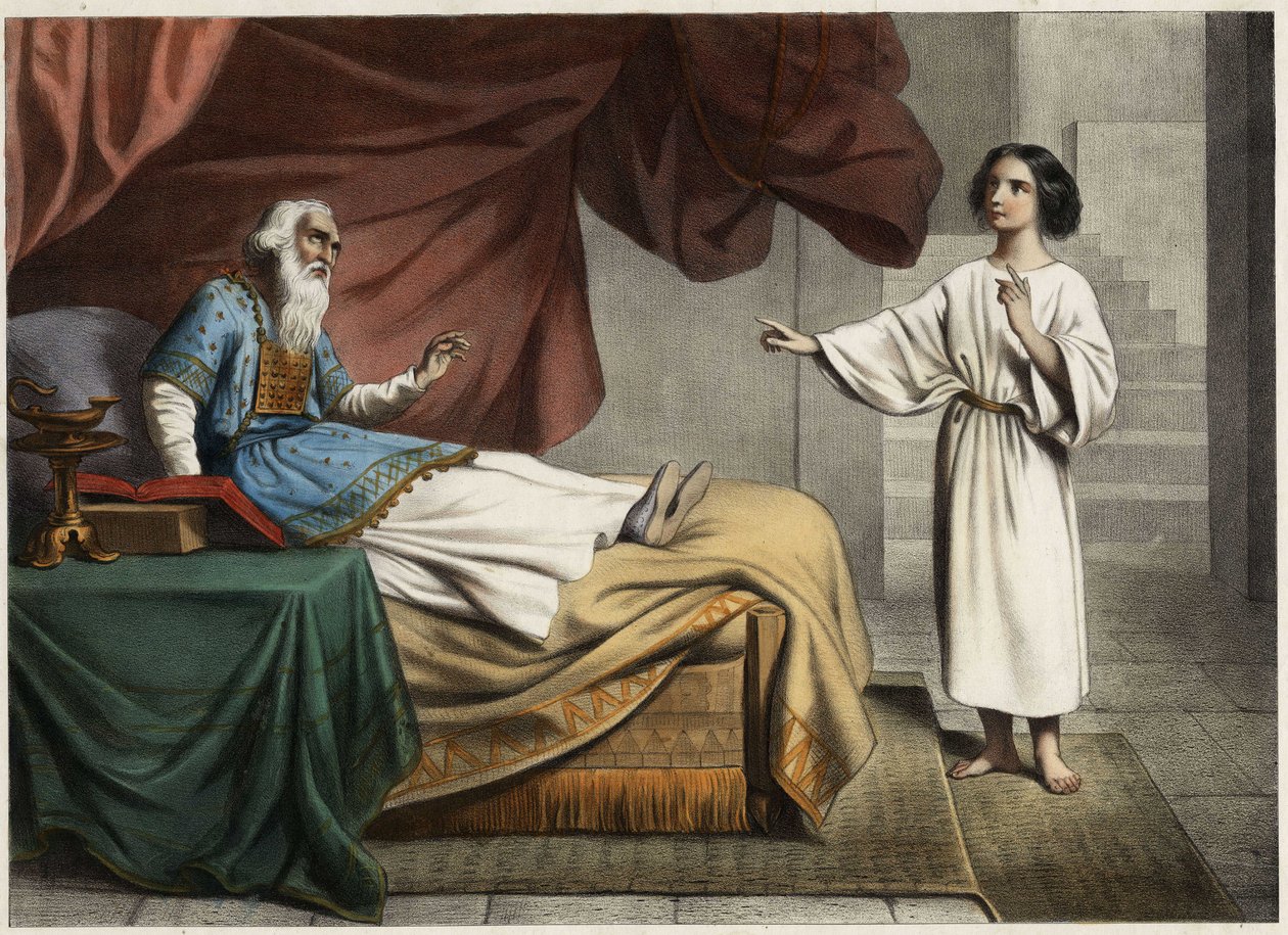 Samuel, der die Stimme des Herrn in der Nacht hört und denkt, es sei sein Mentor, der Hohepriester Eli. Anonyme Gravur aus der Mitte des 19. Jahrhunderts von Unknown artist