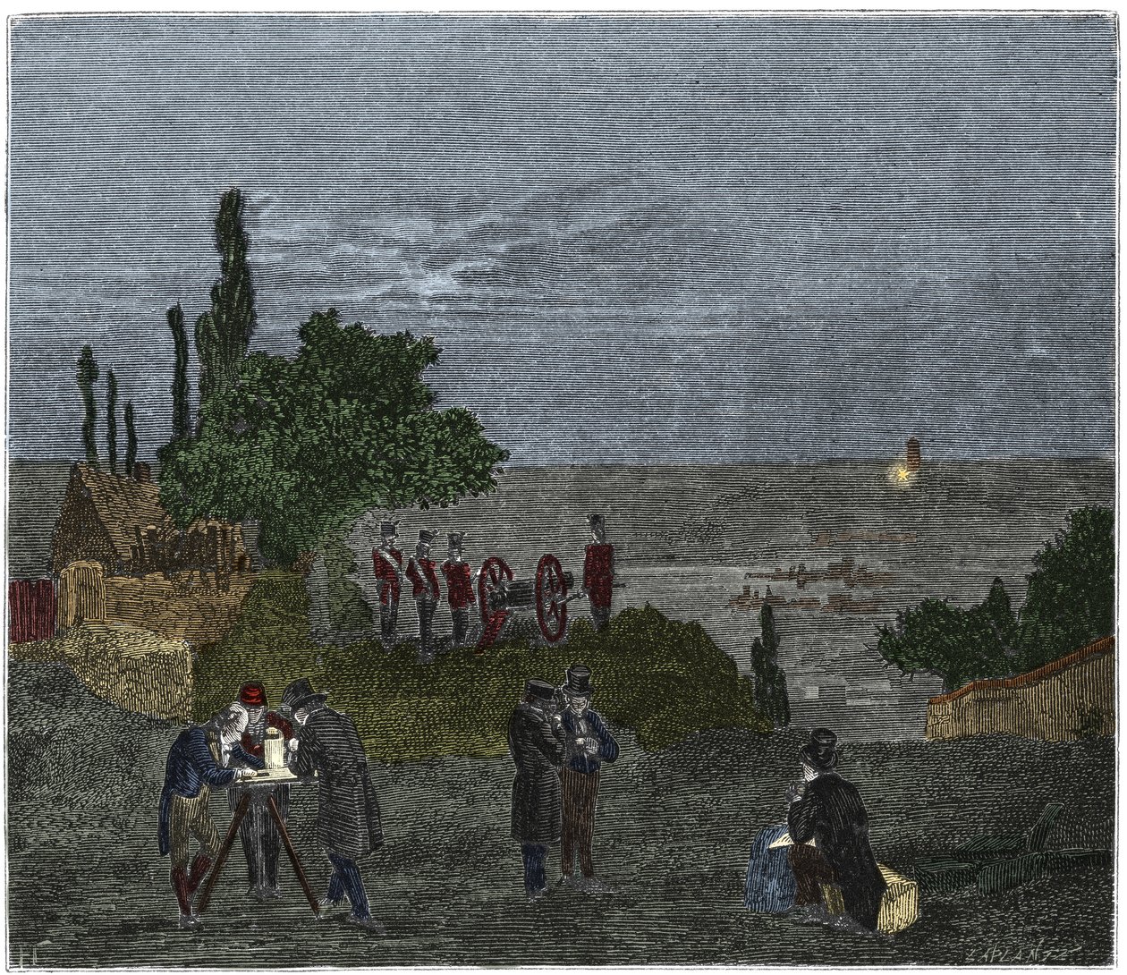 Wissenschaftliches Experiment: die Berechnung der Schallgeschwindigkeit durch Humboldt, Louis-Joseph Gay-Lussac, Bouvard, Prony und Mathieu, die die Zeit zwischen der Wahrnehmung des Lichts und dem Schuss eines Gewehrs bestimmen von Unknown artist