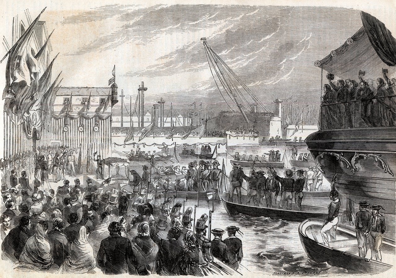 Zweiter Italienischer Unabhängigkeitskrieg, Italienfeldzug von 1859: Napoleon III. (1808-1873) im Hafen von Genua 12.05.1859 - Ankunft der Franzosen in Genua, 12. Mai von Unknown artist