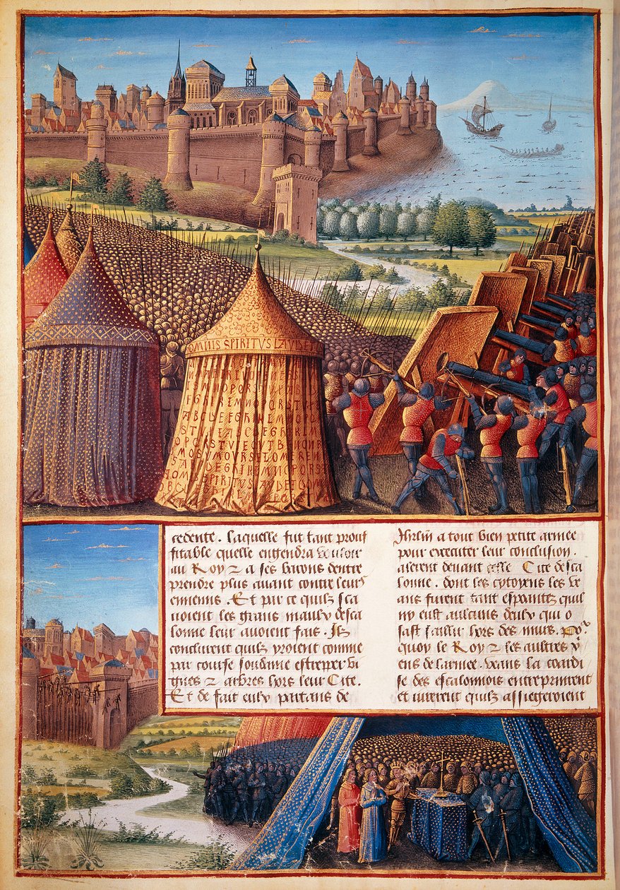 Zweiter Kreuzzug: Ansicht der Belagerung von Askalon im Jahr 1153 durch Baudouin III. Miniatur aus „Les passages faits Outremer par les Français contre les Turks et autres Sarrazins et Moures Outremarine“ von Sebastien Mamerot von Unknown artist