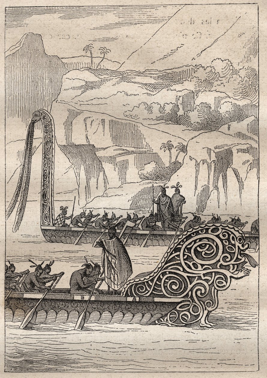 Zweite Reise (1772-1775) von Kapitän James Cook (1728-1779): Kriegskanus der Neuseeländer - Illustration aus „Die großen Seefahrer des 18. Jahrhunderts“ von Unknown artist
