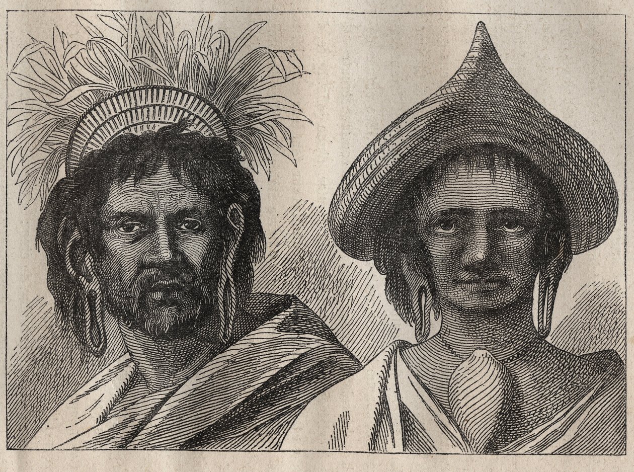 Zweite Reise (1772-1775) von Kapitän James Cook (1728-1779): Mann und Frau von der Osterinsel - Illustration aus „Die großen Seefahrer des 18. Jahrhunderts“ von Unknown artist