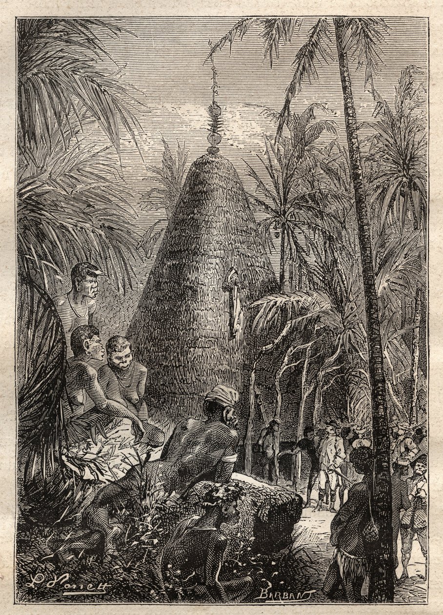 Zweite Reise (1772-1775) von Kapitän James Cook (1728-1779): traditionelles Rundhaus, auf dem Dach einer beträchtlichen Höhe (Neukaledonien) - Illustration aus „The Great Mariners of the 18th century“ von Unknown artist