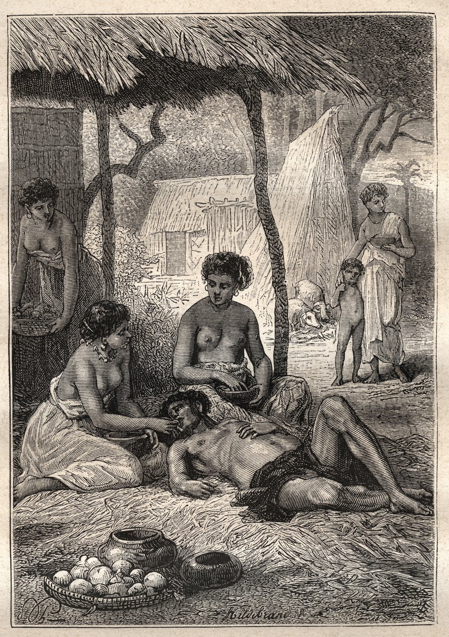 Zweite Reise (1772-1775) von Kapitän James Cook (1728-1779): ein Insulaner, der seinen Tag damit verbrachte, von seinen Frauen verschlungen zu werden (Tahiti) - Illustration aus „Die großen Seefahrer des 18. Jahrhunderts“ von Unknown artist