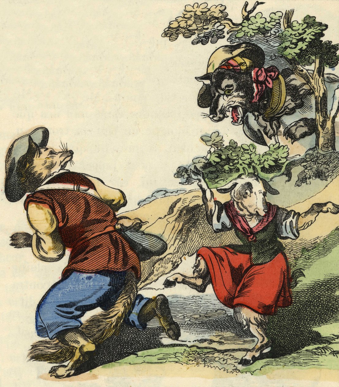 Als der Wolf den Meister Fuchs sah, floh er und ließ das kleine Zicklein in Gefahr. Illustration des Märchens „Bon medor und das kleine Zicklein“. In „Märchen aus dem Heim für die Kleinen“. Anonyme Gravur des 19. Jahrhunderts von Unknown artist