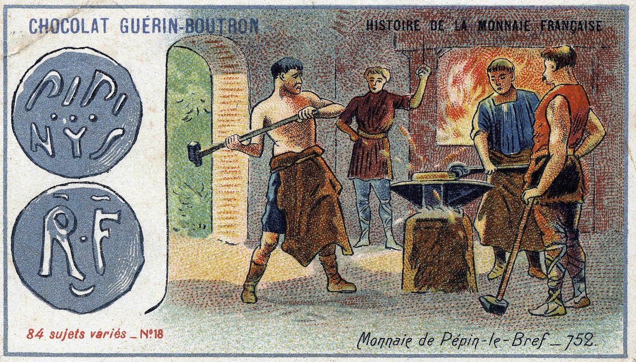 Serie Histoire de la Monnaie Française veröffentlicht von Chocolat Guérin Boutron. Chromolithographie 19. Jahrhundert. Münze von Pépin der Kurze im Jahr 752 von Unknown artist