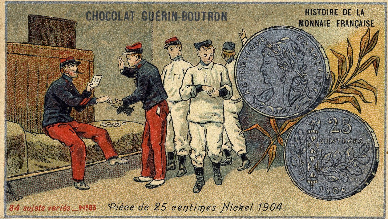 Serie Histoire de la Monnaie Française, veröffentlicht von Chocolat Guérin Boutron. Chromolithographie des 19. Jahrhunderts. 25-Cent-Münze. Nickel 1904 von Unknown artist