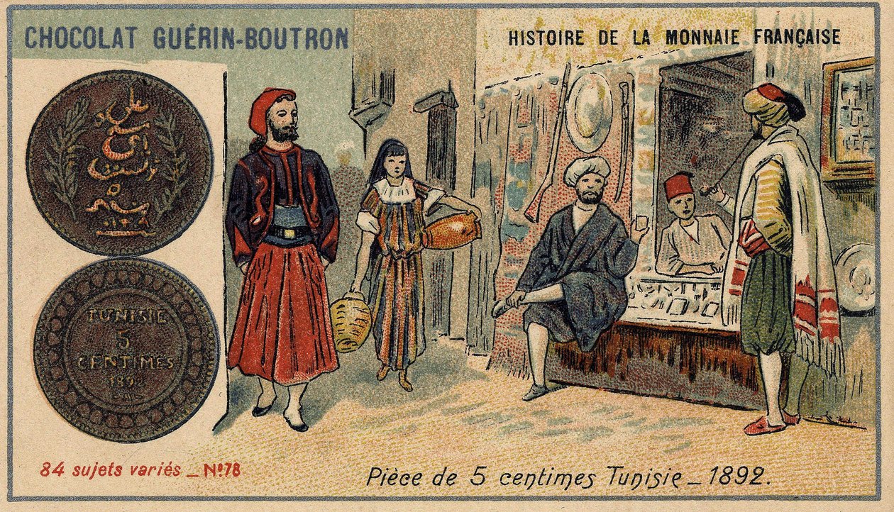 Serie Histoire de la Monnaie Française, veröffentlicht von Chocolat Guérin Boutron. Chromolithographie des 19. Jahrhunderts. 5-Cent-Münze in Tunesien im Jahr 1892 von Unknown artist