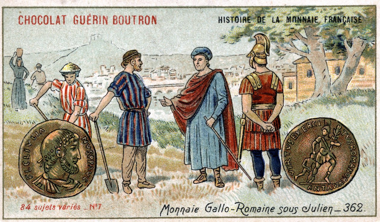 Serie Histoire de la Monnaie Française, veröffentlicht von Chocolat Guérin Boutron. Chromolithographie des 19. Jahrhunderts. Gallorömische Münzen unter Julian von Unknown artist