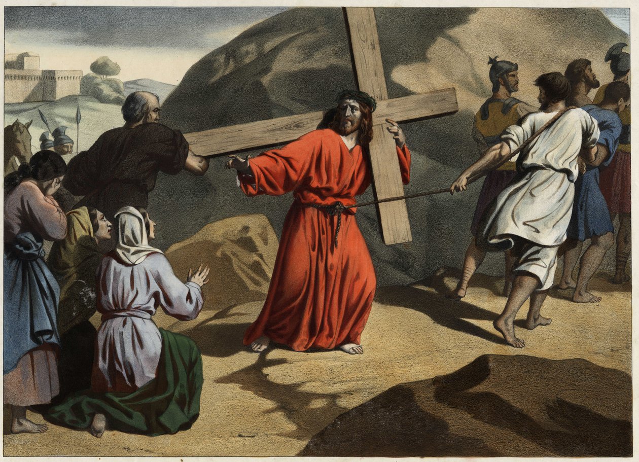 Sie stieg nach Golgatha: Jesus trägt sein Kreuz und tröstet die Töchter Jerusalems. Anonyme Gravur aus der Mitte des 19. Jahrhunderts. von Unknown artist