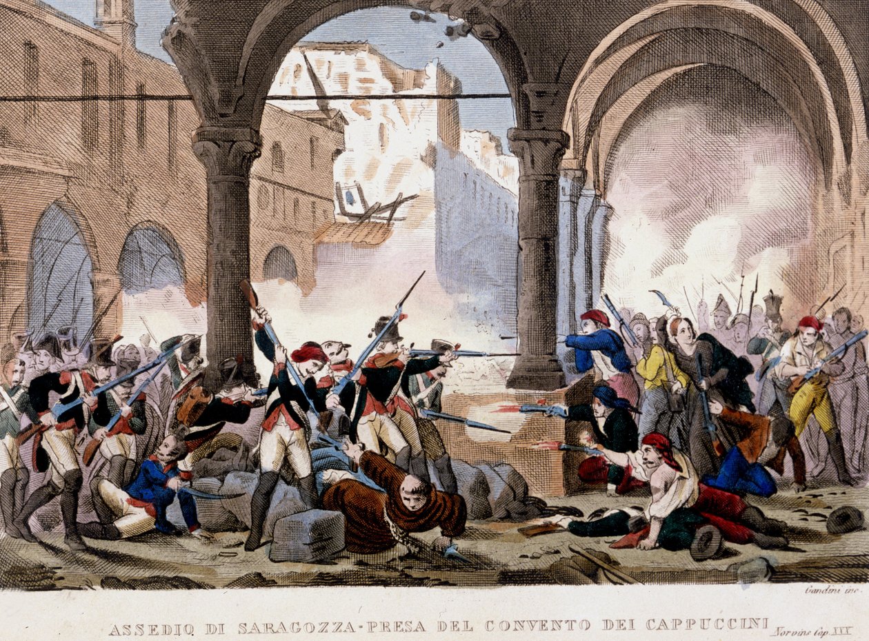 Belagerung von Saragossa (Zaragoza) und das Kapuzinerkloster im Jahr 1808. Farbiger Stich der Zeit. Mailand von Unknown artist