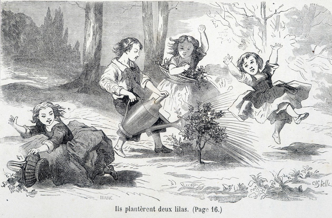 Sophie und ihre Freunde pflanzen Flieder - in „Die Missgeschicke der Sophie“ von der Gräfin von Ségur, Hachette von Unknown artist