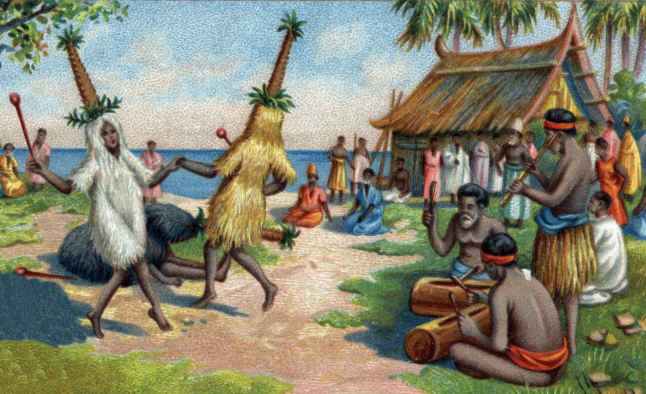 Tänzer der Südseeinseln: Sie tragen Kleidung aus Kolibrifedern, Kakadus und Paradiesvögeln bei religiösen Zeremonien. Chromolithographie des 19. Jahrhunderts von Unknown artist
