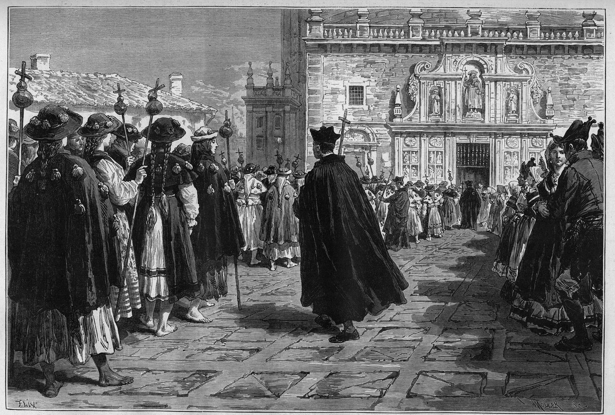 Spanien 1880: die Feste von Santiago de Compostela, die Prozession der Pilger am Eingang der Basilika. von Unknown artist
