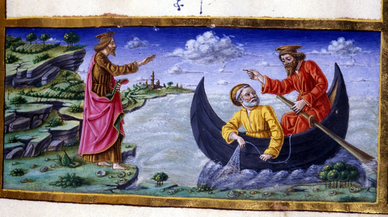 St. Peter: Fischen auf dem See Tiberias. Miniatur des 15. Jahrhunderts. Mailand, Biblioteca Trivulziana. von Unknown artist