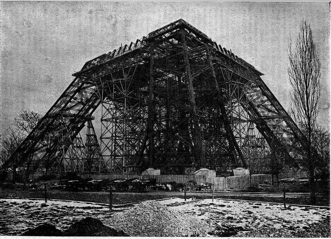 Stand des Baus des Eiffelturms in Paris Anfang März 1888. Gravur im Journal „La jeunesse“. von Unknown artist