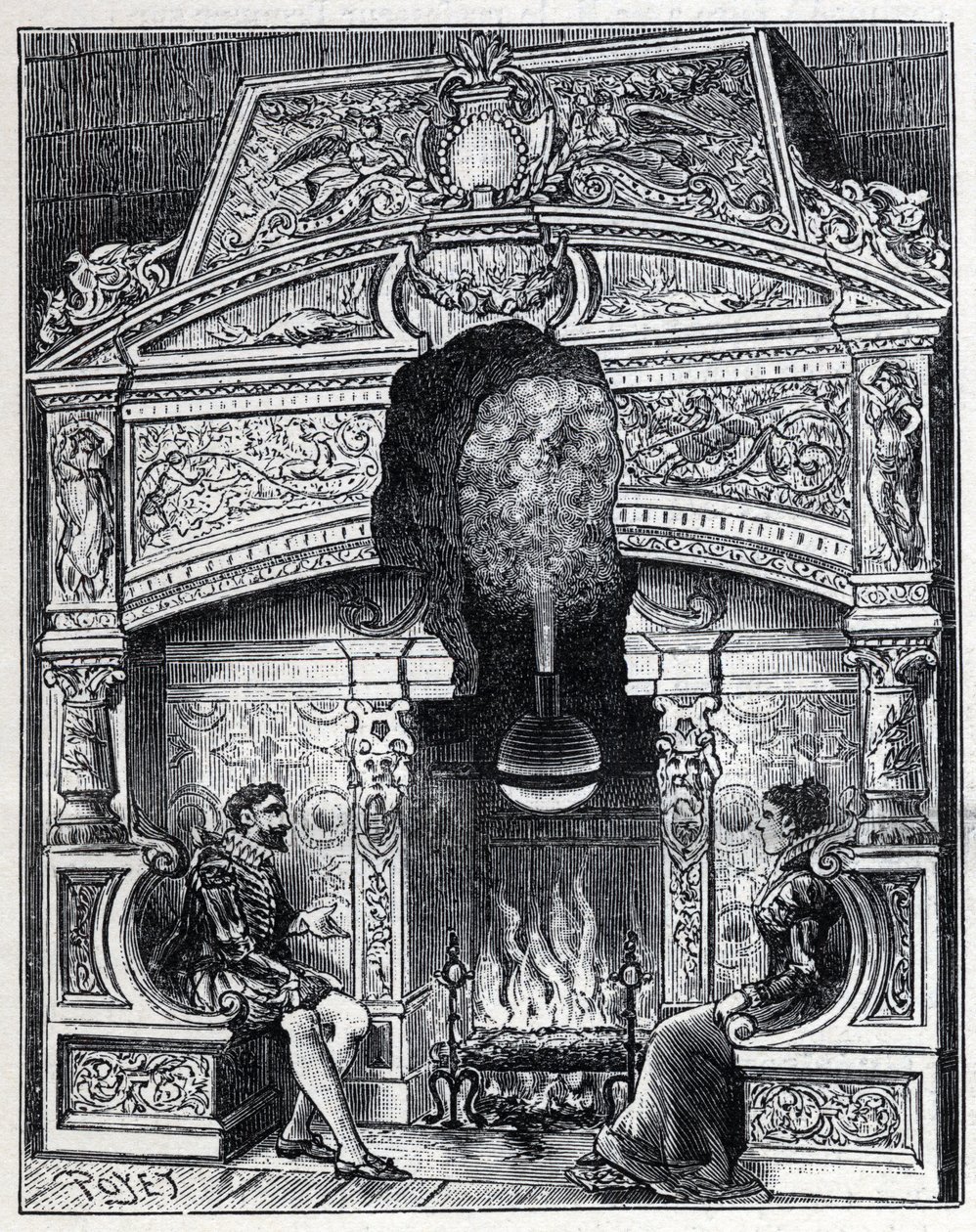 Dampf und Sonnenwärme: Eolipyl-Kamin, Dampf- und Reaktionsmaschinensystem ursprünglich entworfen von Heron von Alexandria (80 v. Chr.). Gravur in „La Nature“ von Unknown artist