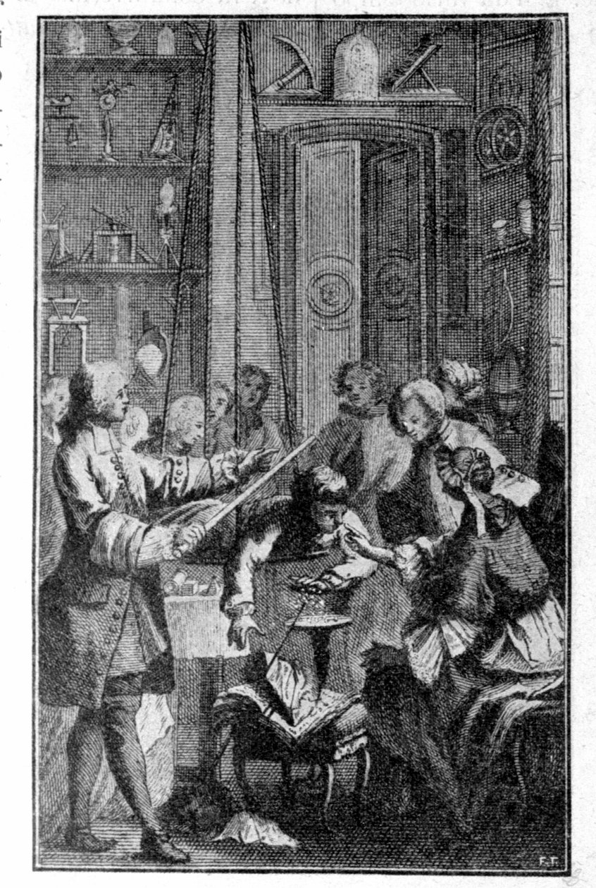 Stephen Grays Experiment (1670 - 1736) zur elektrischen Leitfähigkeit des menschlichen Körpers. Gravur aus dem 19. Jahrhundert von Unknown artist