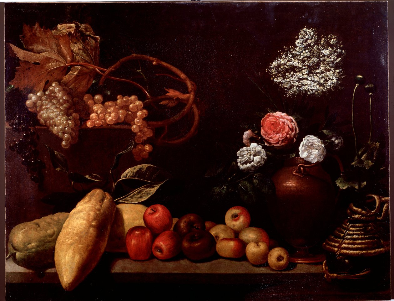 Stillleben mit Rosen, Strauchblumen, Zitronen und Trauben von Unknown artist