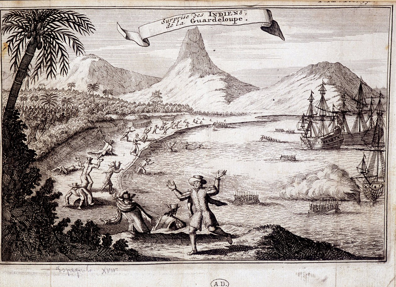 Überraschung der Indianer bei der Landung von Christoph Kolumbus in Guadeloupe (Karavellen) - Gravur von Unknown artist