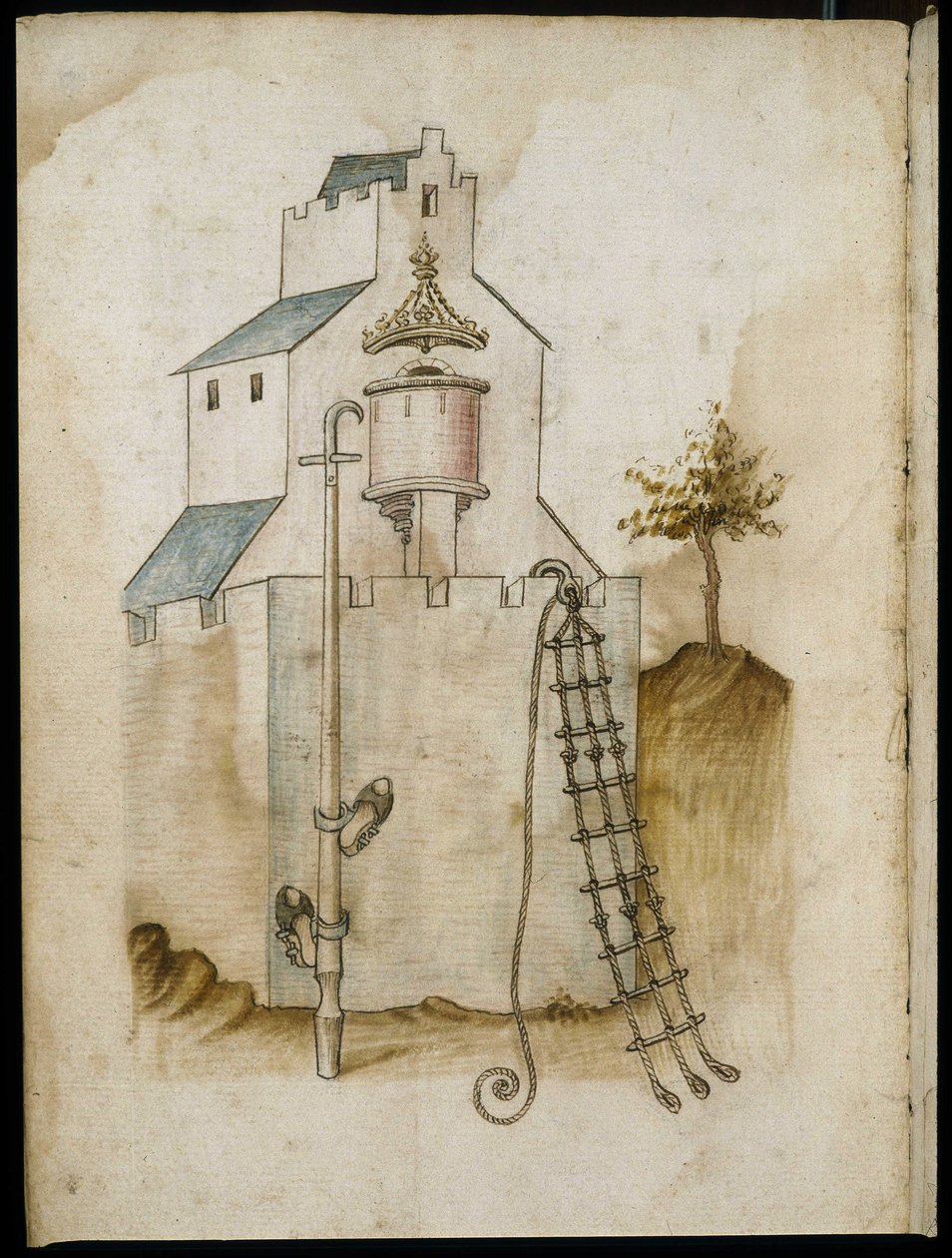 Systeme zum Klettern an Wänden - Manuskript: Pergamentblatt aus einem Ingenieurshandbuch für den Bau ziviler, religiöser und militärischer Gebäude, anonym, spätes 15. Jahrhundert (Figur in chinesischer Tinte) von Unknown artist