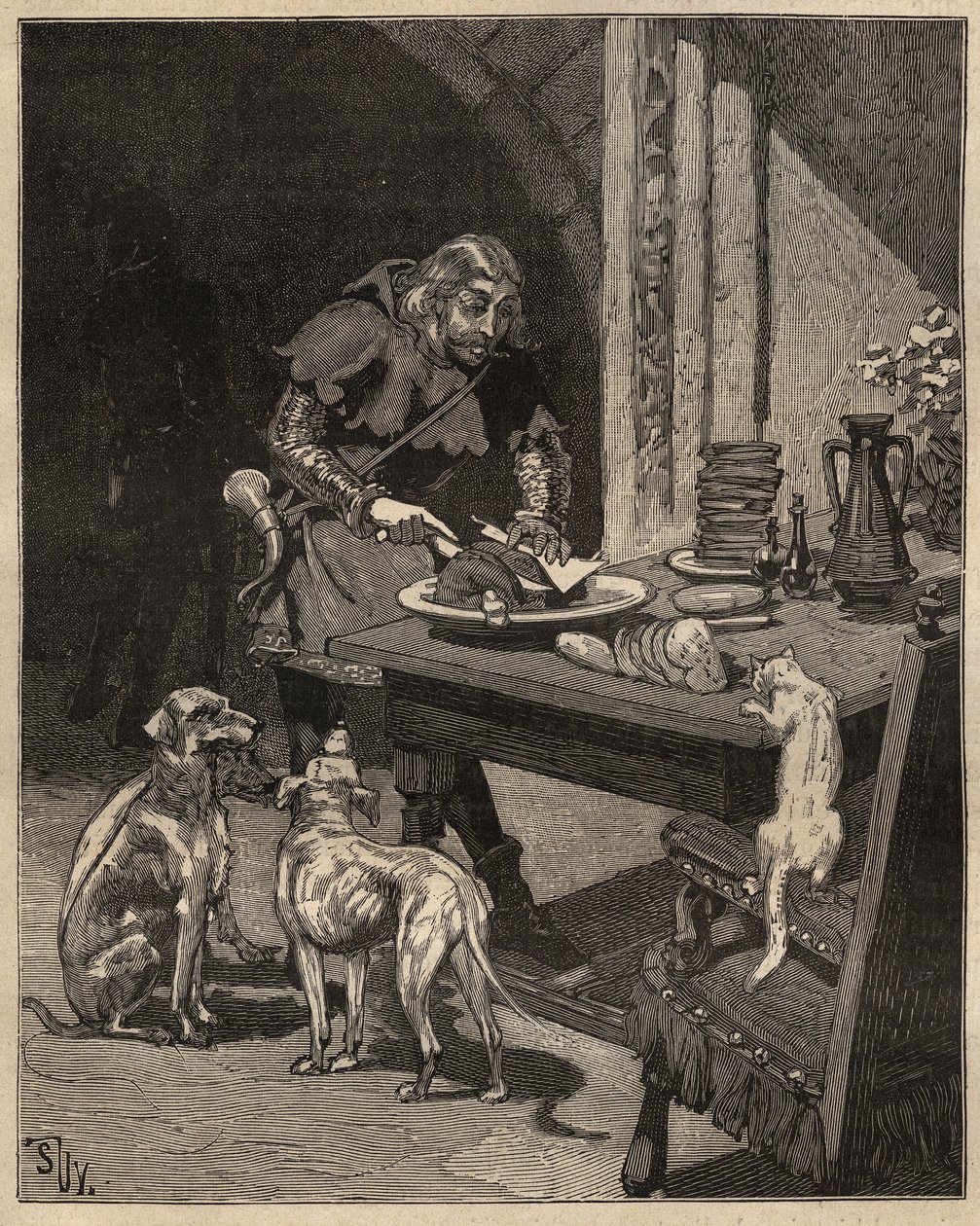 Tischkunst: schneidet Lebensmittel vor dem Eintreffen der Gabel. Ein Mann hält das Fleisch mit einem Blatt Papier in einer Hand und benutzt sein Messer in der anderen. Gravur von 1885 in „Les arts et metiers illustres“ von Adolphe BITARD von Unknown artist