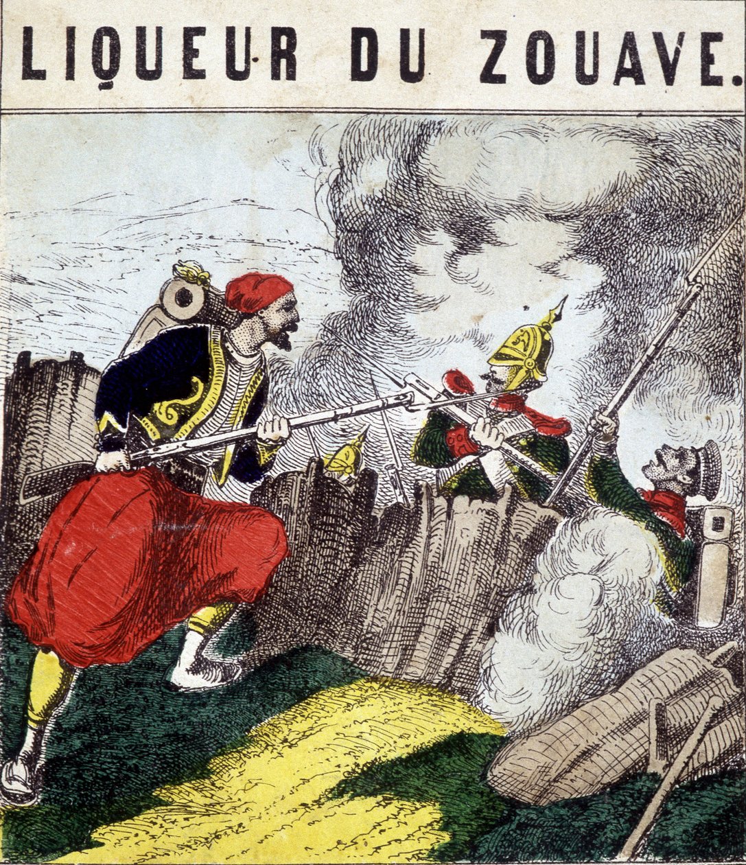 Etikett „Liqueur du Zouave“: ein Zouave kämpft gegen Feinde. 19. Jahrhundert von Unknown artist