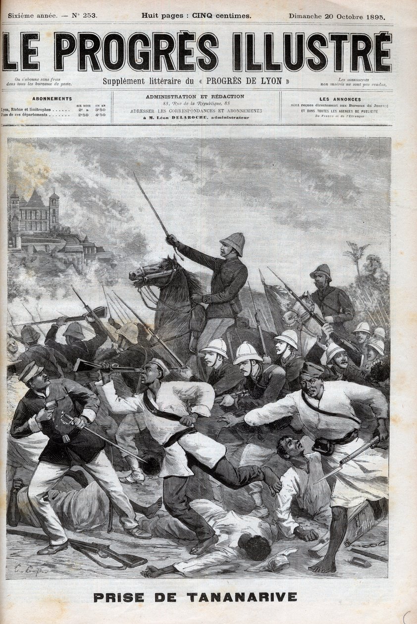 Einnahme von Antananarivo - Französische Militärs erobern Antananarivo 1895 - Eroberung von Madagaskar - Eroberung von Tananarive durch die französische Expeditionsarmee am 30. September 1895 - Gravur in „Le Progres Illustré“ von 1895. von Unknown artist