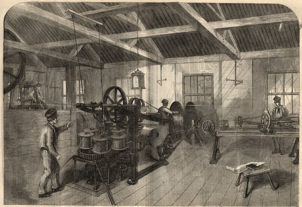 Telegraphie: Herstellung des transatlantischen Kabels in der Fabrik von Glass, Elliot and Company in East Greenwich (England). Gravur in „The Illustrated London News“ vom 14. März von Unknown artist