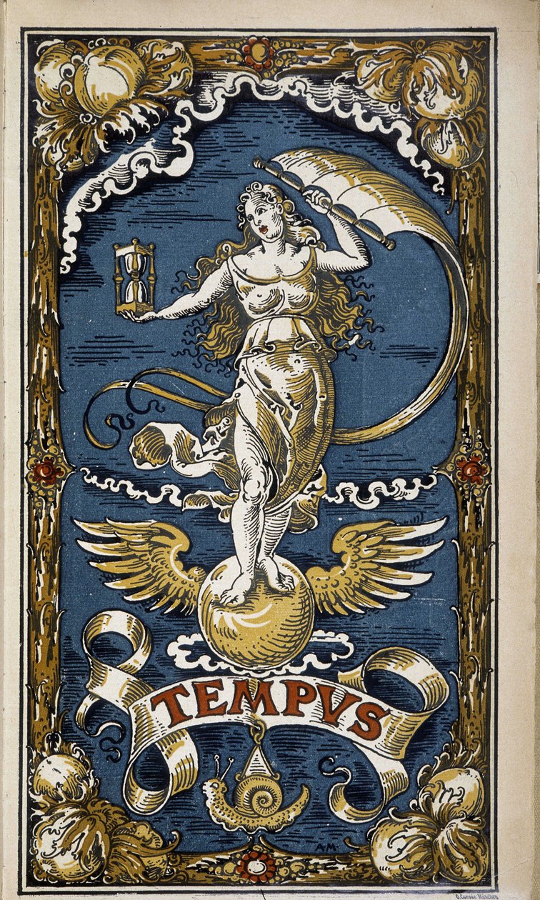 Tempus: Allegorie der Zeit (weibliche Figur mit Sanduhr, Wind, Flügel), Illustration für Kalender 1889 von Unknown artist