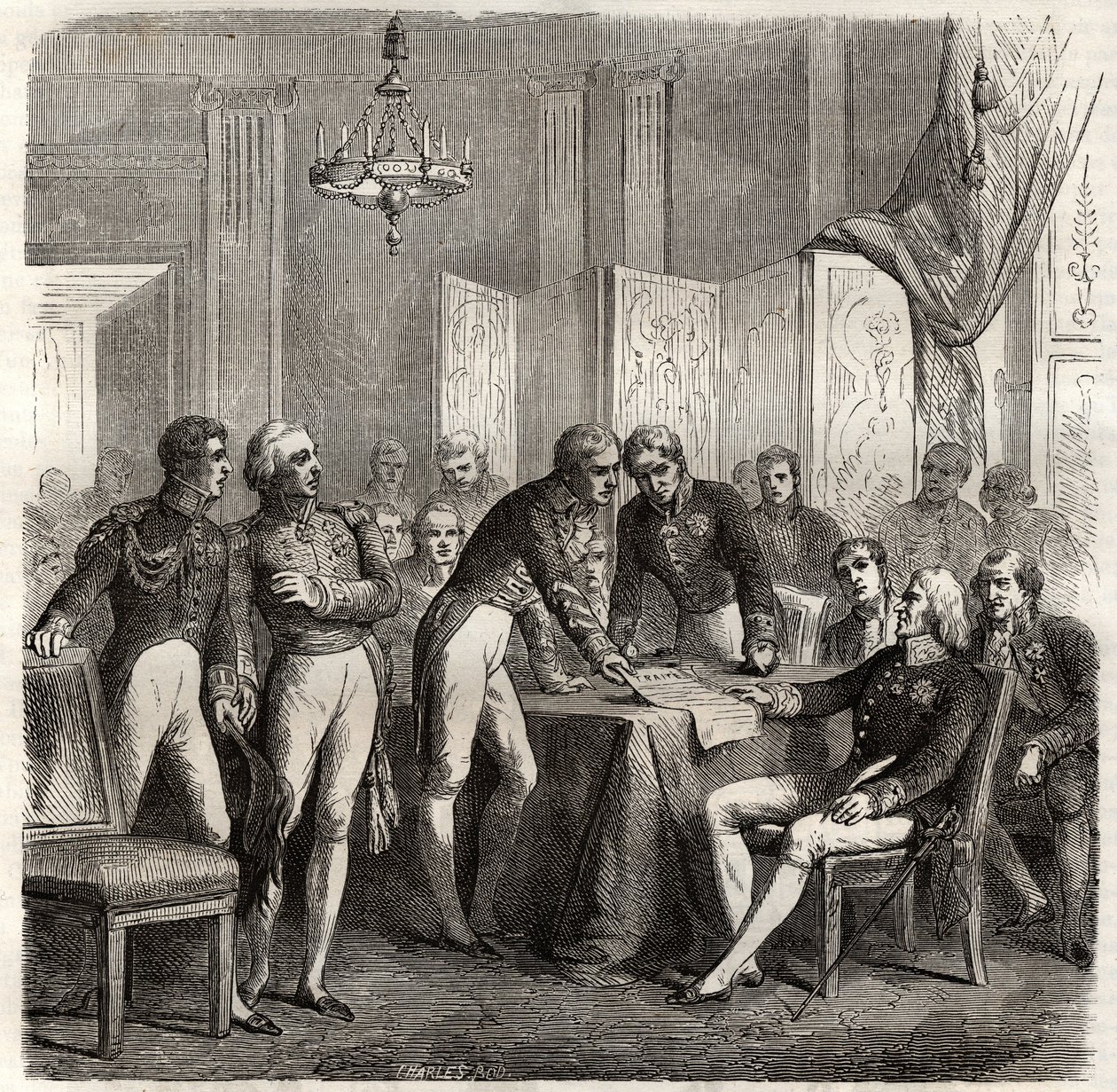 Das Bündnis von 1834 zwischen dem Vereinigten Königreich, Frankreich, Spanien und Portugal zur Durchsetzung der Konzession von Evoramonte - Angesichts des Anspruchs von Don Carlos auf den spanischen Thron, die Viererallianz (Charles-Maurice de Talleyrand - von Unknown artist