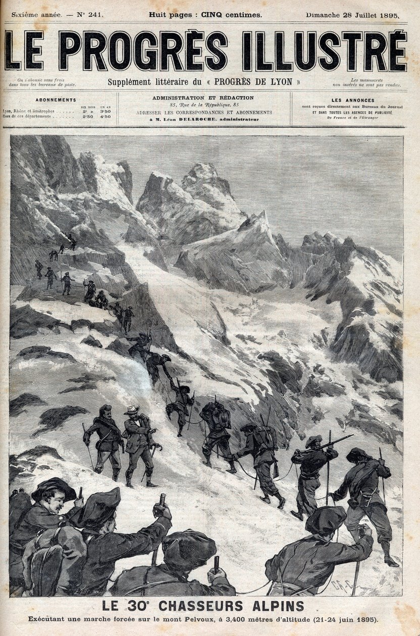 Die 30. Alpenjäger führen einen Gewaltmarsch auf den Mont Pelvoux in 3400 Metern Höhe am 21.-24. Juni 1895 durch - Gravur in „Le Progres illustré“ von 1895 von Unknown artist