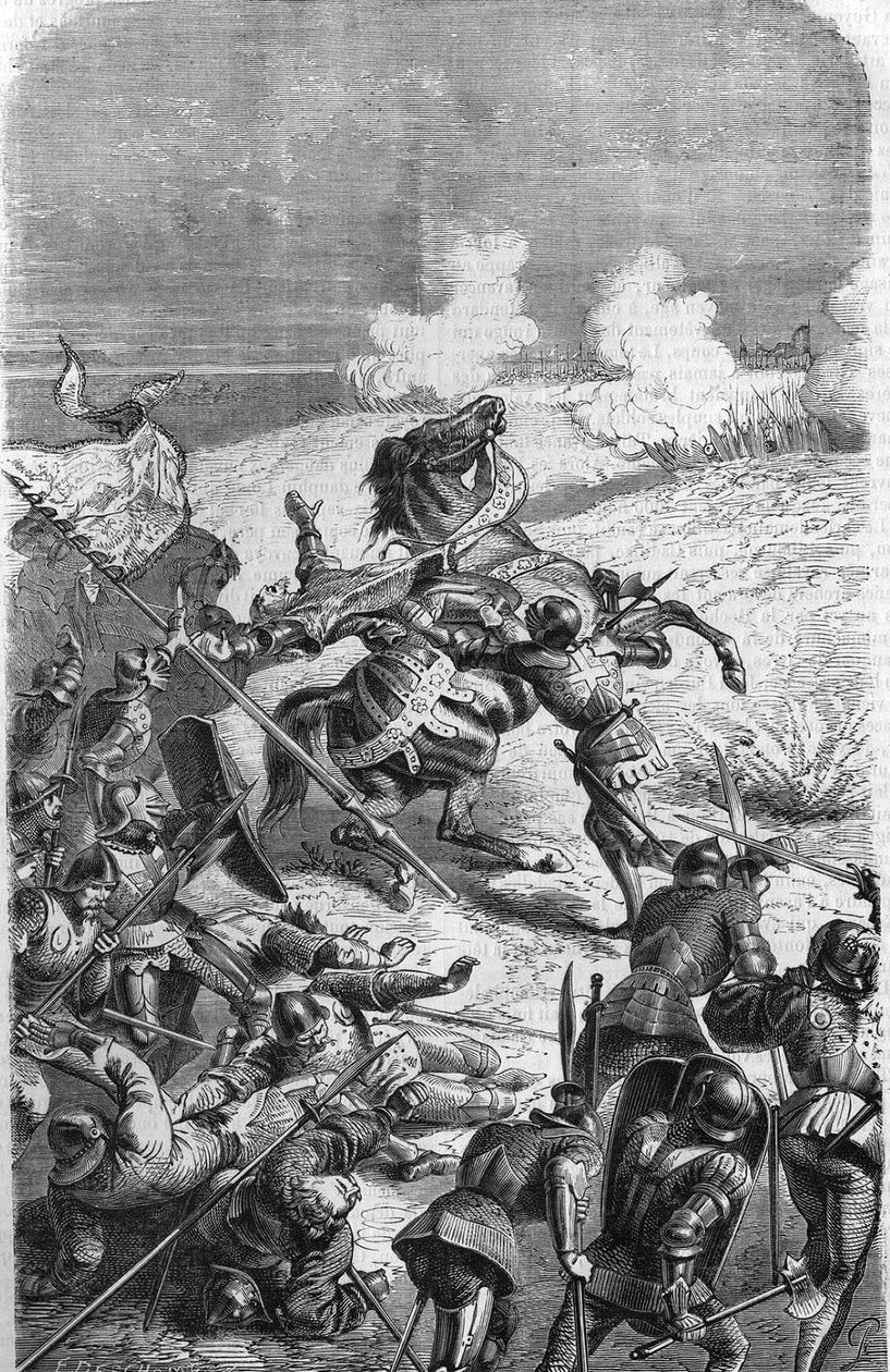 Der 75-jährige Veteran John Talot führte eine Expedition von 3000 Mann an, die am 17. Oktober 1452 in Guyenne landete. Gravur, die Talbots Tod in der Schlacht darstellt. Gravur des 19. Jahrhunderts von Unknown artist